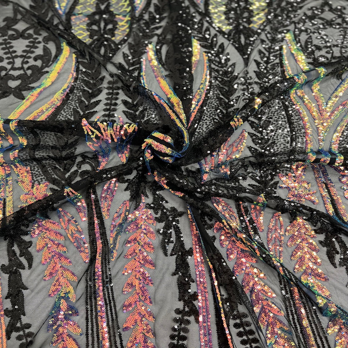 Rainbow Iridescent | Black Alina Damask Sequins Lace Fabric