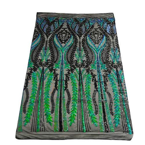 Green Iridescent | Black Alina Damask Sequins Lace Fabric