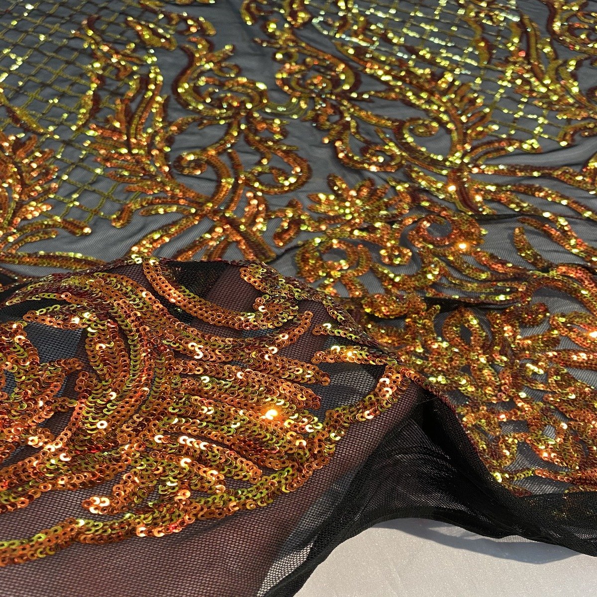 Orange Iridescent Black Mesh Luna Stretch Sequins Lace Fabric - Fashion Fabrics LLC