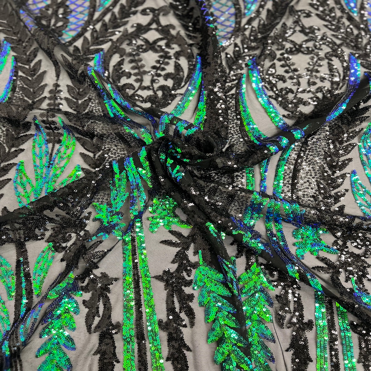 Vert irisé | Tissu dentelle à paillettes damassé noir Alina