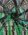Verde iridiscente | Tela de encaje de lentejuelas damasco Alina negra