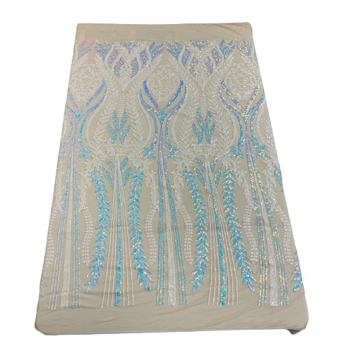 Pearl Blue Iridescent | White Alina Damask Sequins Lace Fabric