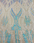 Pearl Blue Iridescent | White Alina Damask Sequins Lace Fabric