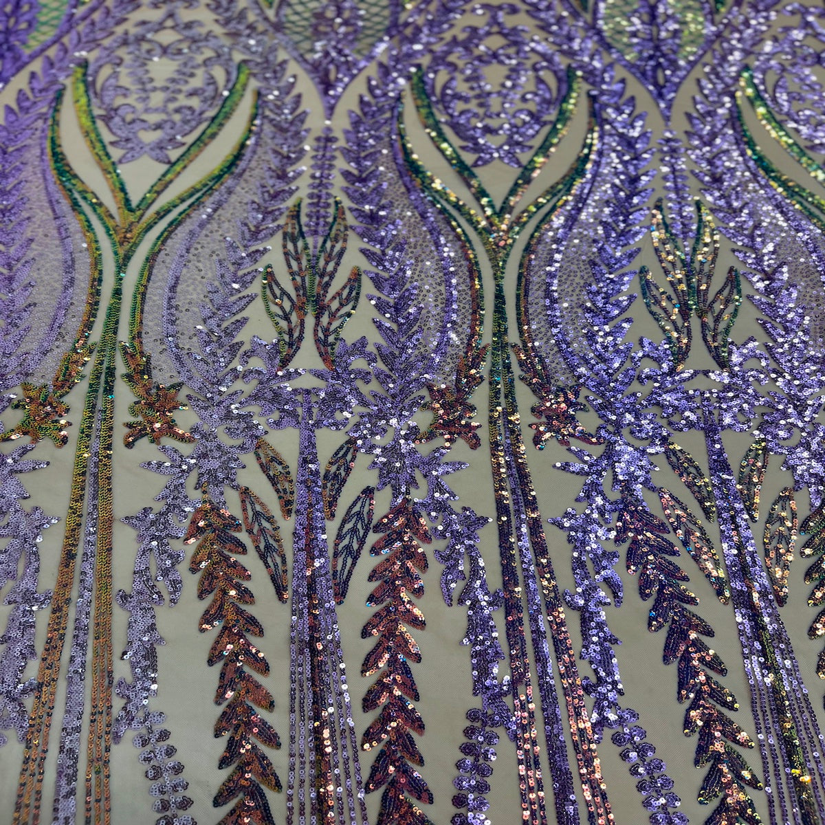 Rainbow Iridescent | Lavender Alina Damask Sequins Lace Fabric