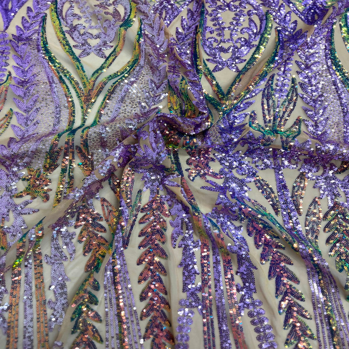 Arcoiris iridiscente | Tela de encaje de lentejuelas damasco Alina lavanda