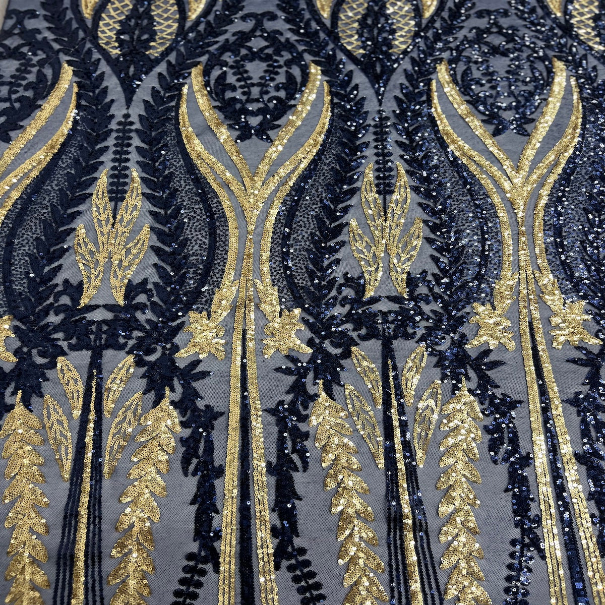 Navy Blue | Gold Alina Damask Sequins Lace Fabric