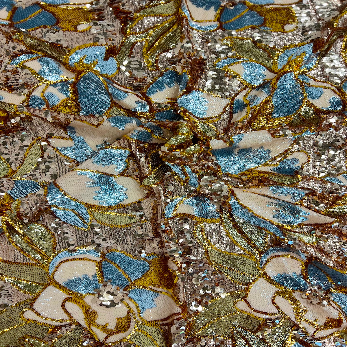 Tissu Giselle doré à paillettes florales multicolores