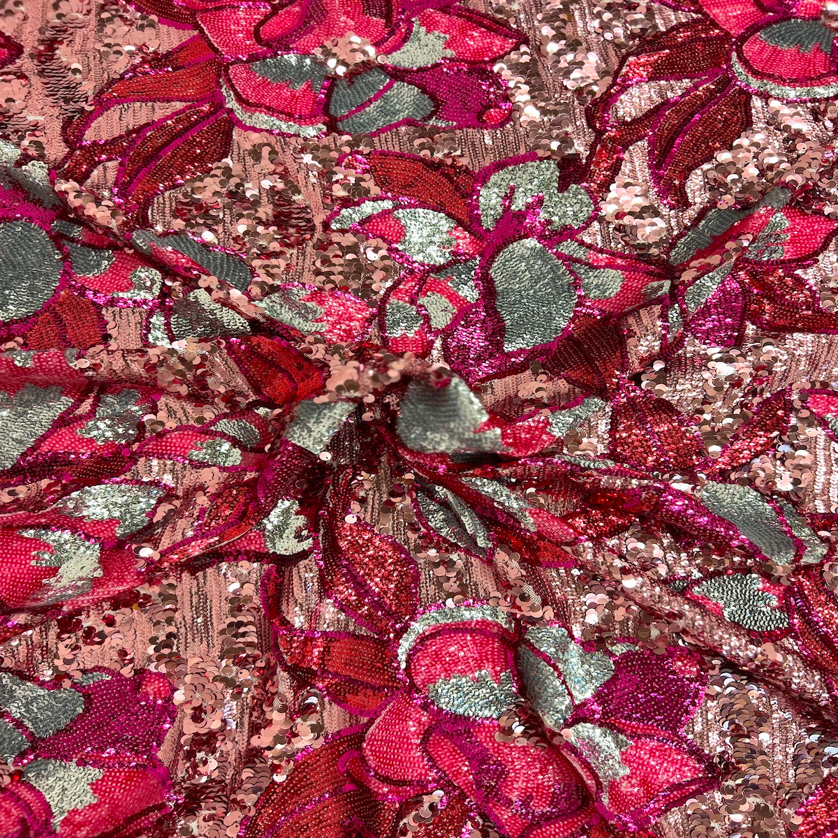 Tela de lentejuelas florales multicolor Giselle fucsia