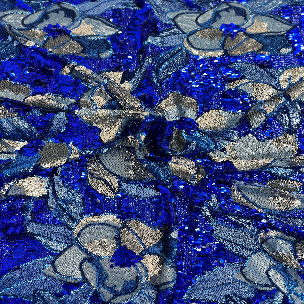 Tela de lentejuelas florales multicolor Giselle azul real