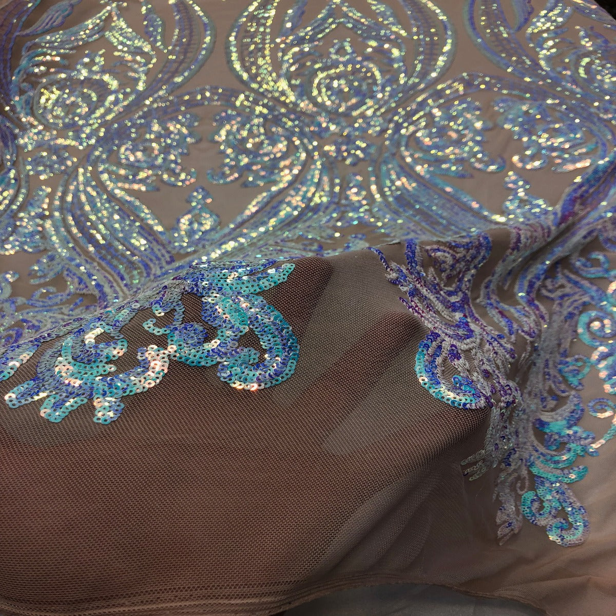 Pearl Blue Iridescent | Nude Mesh Catina Sequins Lace Fabric - Fashion Fabrics LLC