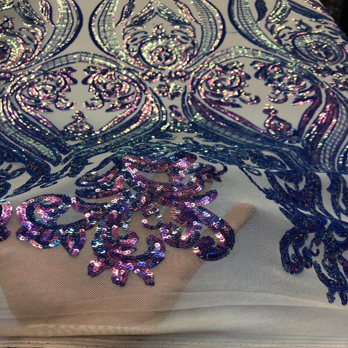 Rainbow Iridescent | Nude Mesh Catina Sequins Lace Fabric - Fashion Fabrics LLC