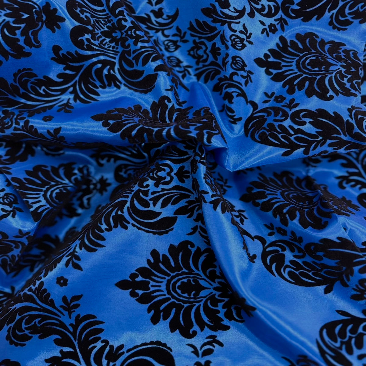 Azul Real | Tela de tafetán de terciopelo flocado damasco negro