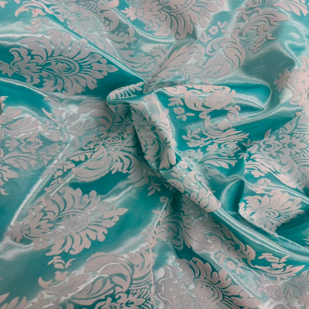 Aqua Blue | White Damask Flocking Velvet Taffeta Fabric