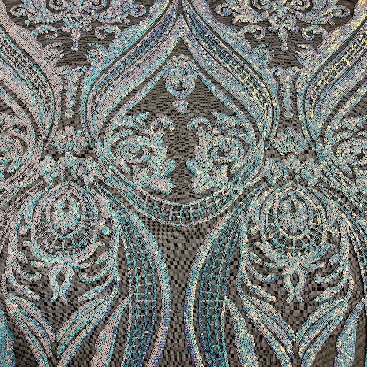 Pearl Blue Iridescent | Black Catina Sequins Lace Fabric