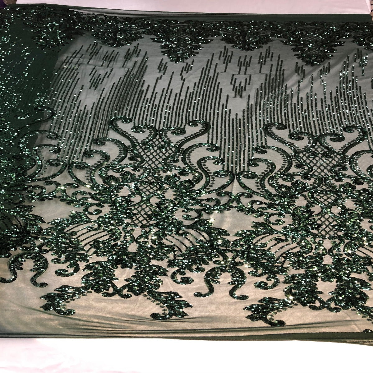 Hunter Green Alta Striped Damask Sequins Lace Fabric - Fashion Fabrics LLC