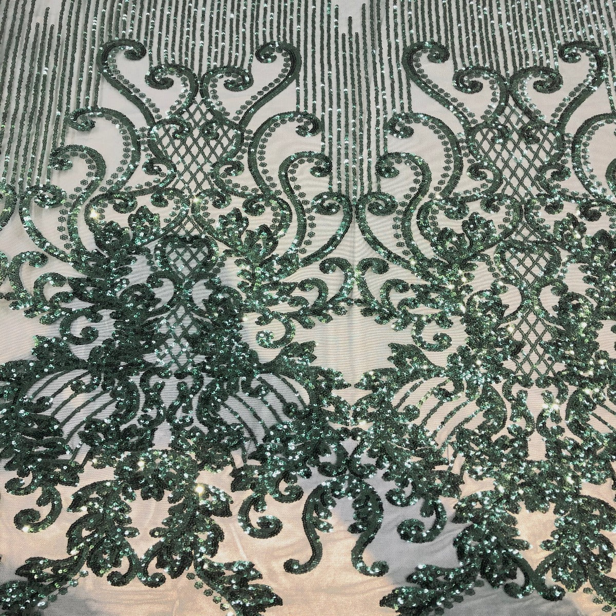 Hunter Green Alta Striped Damask Sequins Lace Fabric - Fashion Fabrics LLC