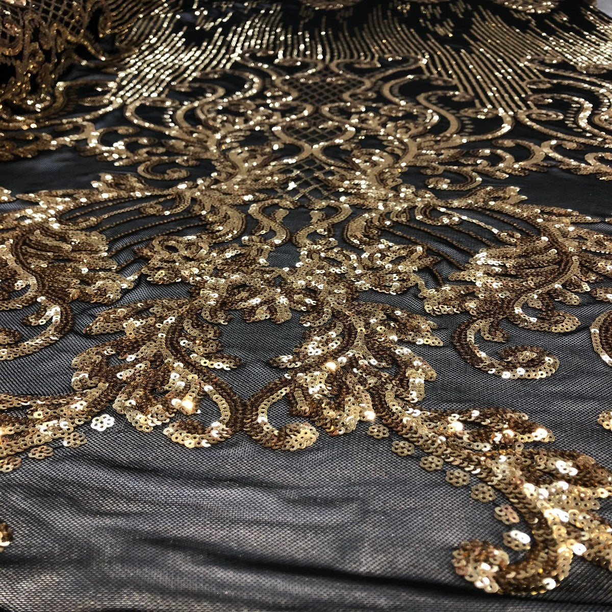 Black Gold Alta Striped Damask Sequins Lace Fabric - Fashion Fabrics LLC