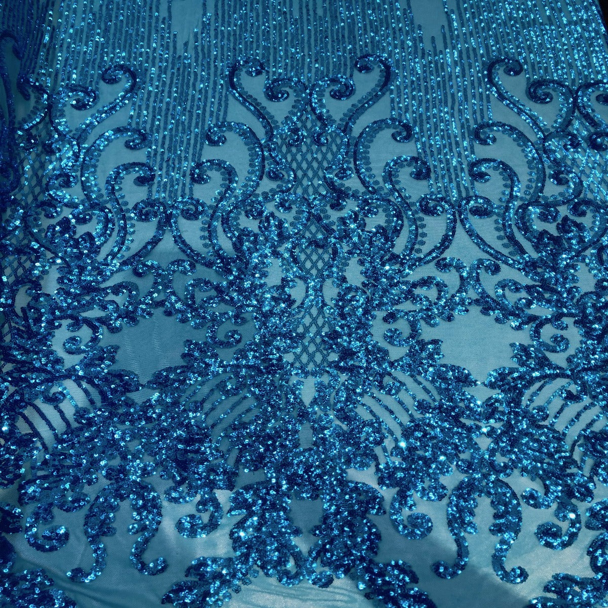 Turquoise Alta Striped Damask Sequins Lace Fabric - Fashion Fabrics LLC