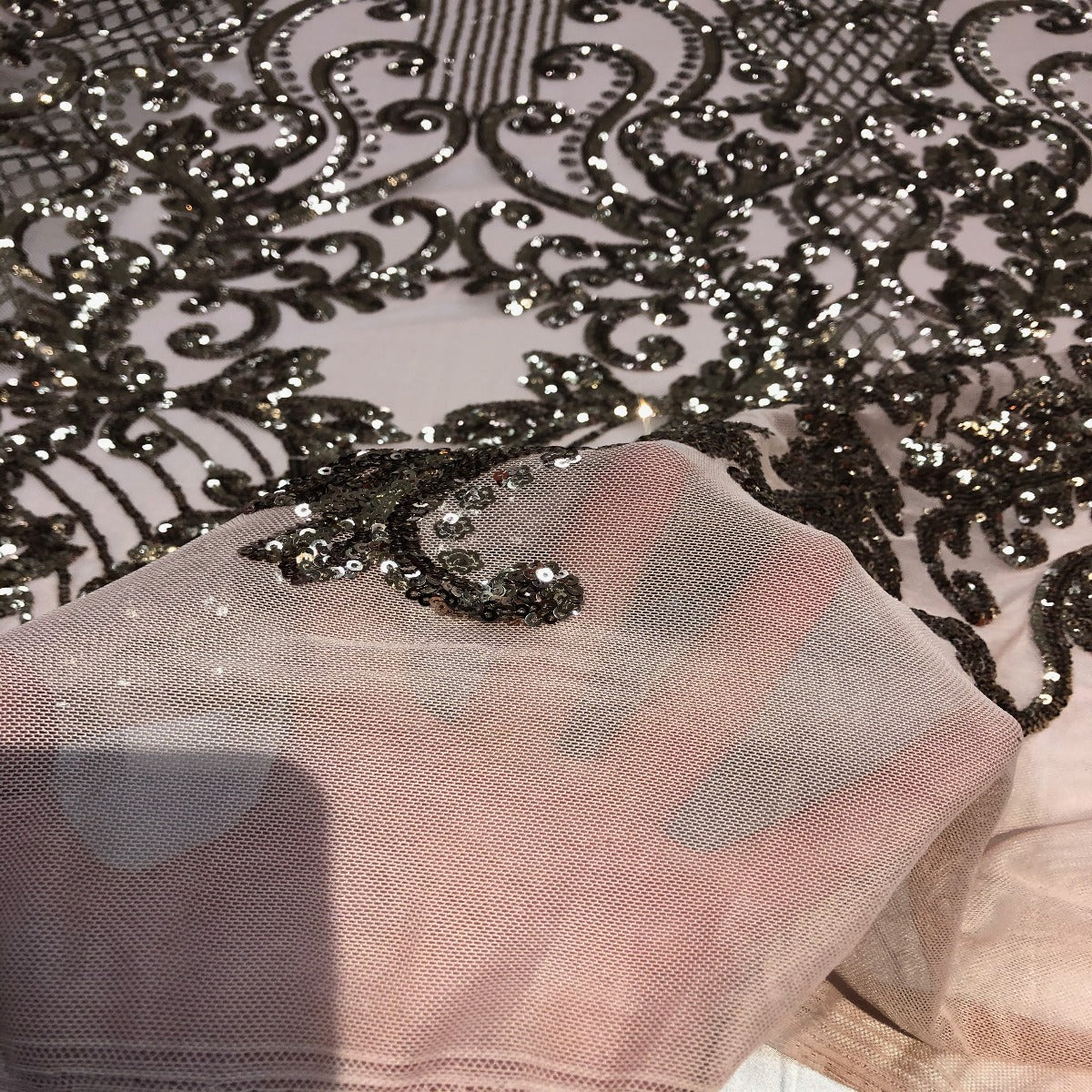 Black Nude Mesh Alta Striped Damask Sequins Lace Fabric - Fashion Fabrics LLC