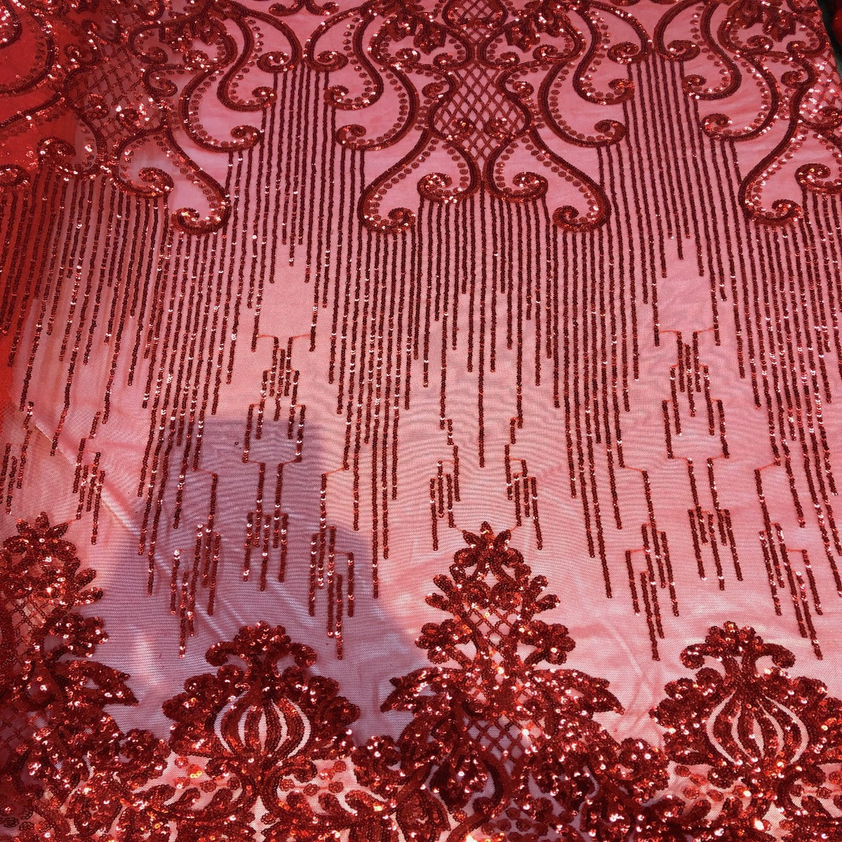 Red Alta Striped Damask Sequins Lace Fabric - Fashion Fabrics LLC