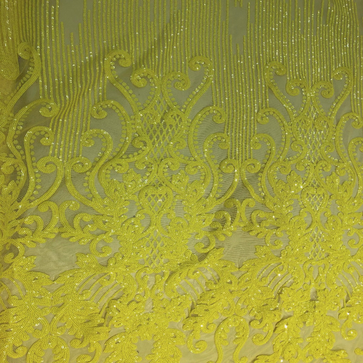 Neon Yellow Alta Striped Damask Sequins Lace Fabric - Fashion Fabrics LLC