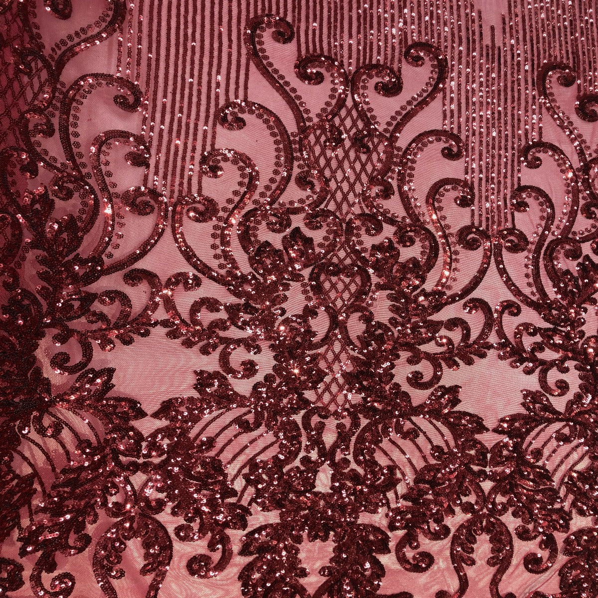 Burgundy Alta Striped Damask Sequins Lace Fabric - Fashion Fabrics LLC