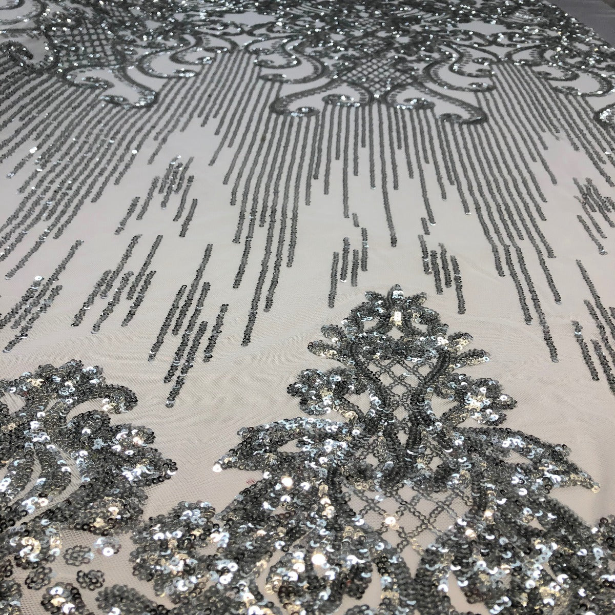Silver Alta Striped Damask Sequins Lace Fabric - Fashion Fabrics LLC