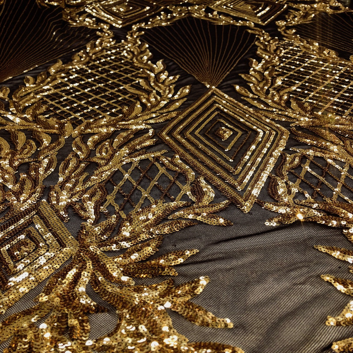 Black Gold Alpica Sequins Lace Fabric - Fashion Fabrics LLC