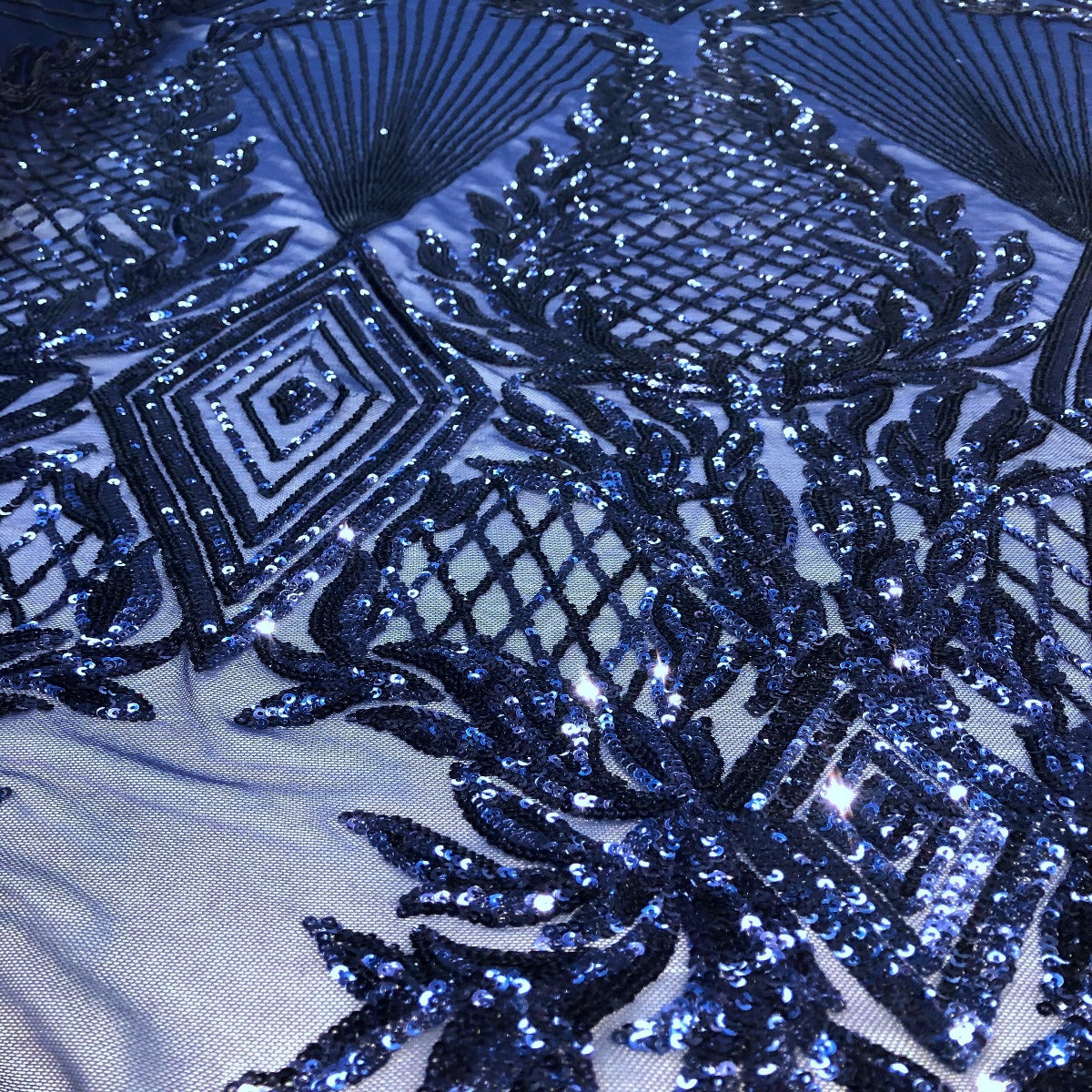 Navy Blue Alpica Sequins Lace Fabric - Fashion Fabrics LLC