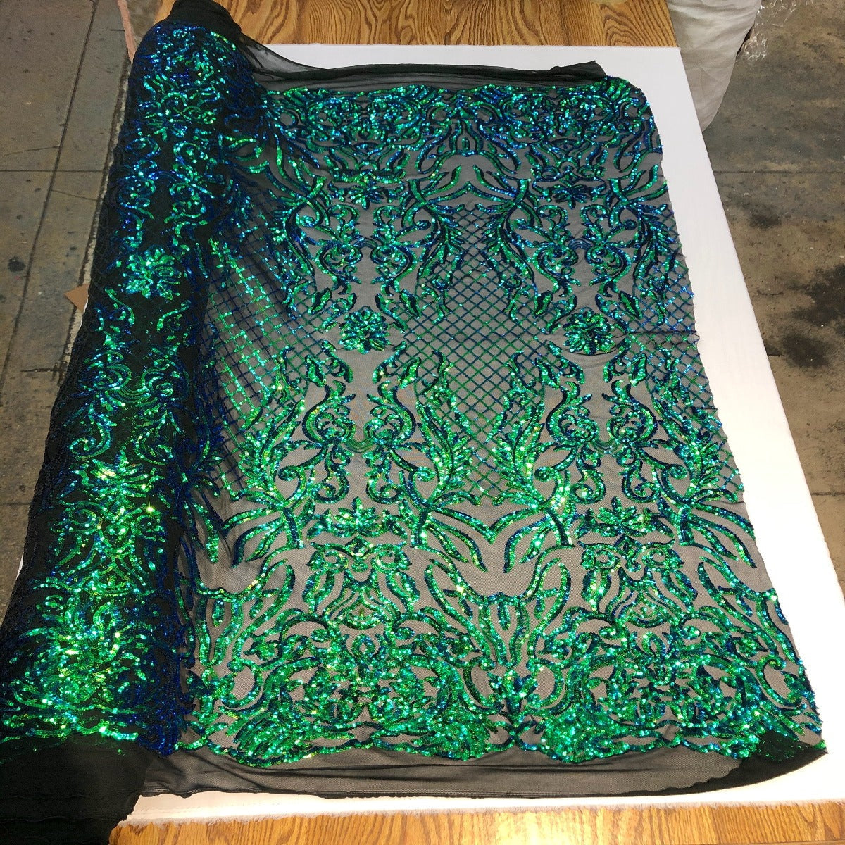 Iridescent Pearl Green Luna Stretch Sequins Lace Fabric - Fashion Fabrics LLC