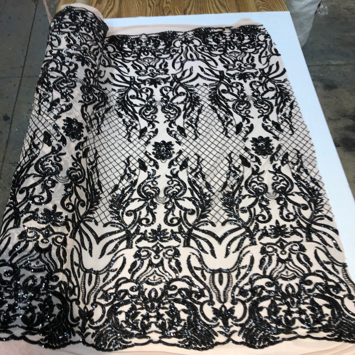 Black Nude Mesh Luna Stretch Sequins Lace Fabric - Fashion Fabrics LLC