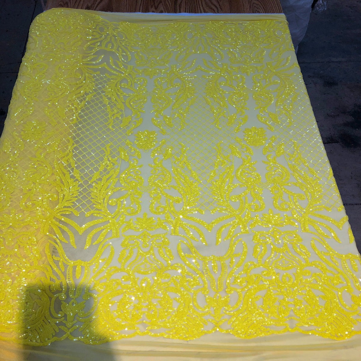 Neon Yellow Luna Stretch Sequins Lace Fabric - Fashion Fabrics LLC