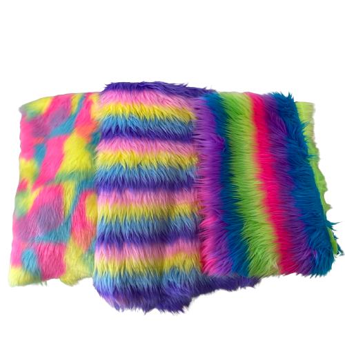 Neon Rainbow Stripe Long Pile Faux Fur Fabric - Fashion Fabrics LLC