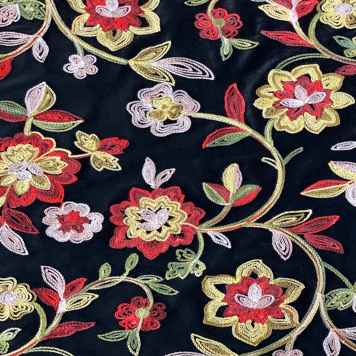 Red Multicolor Briony Floral Embroidered Stretch Velvet Fabric - Fashion Fabrics LLC