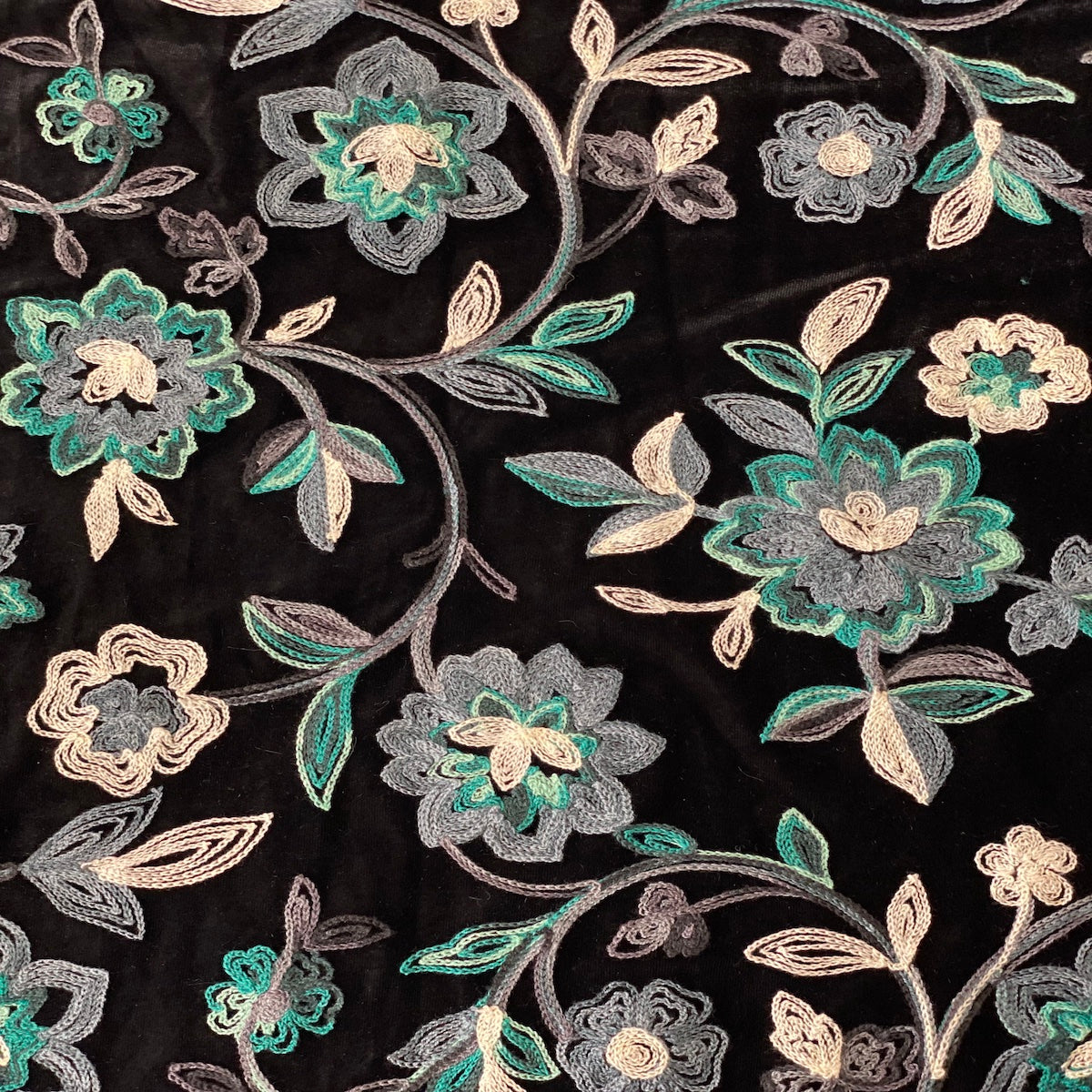 Teal Blue Multicolor Briony Floral Embroidered Stretch Velvet Fabric - Fashion Fabrics LLC