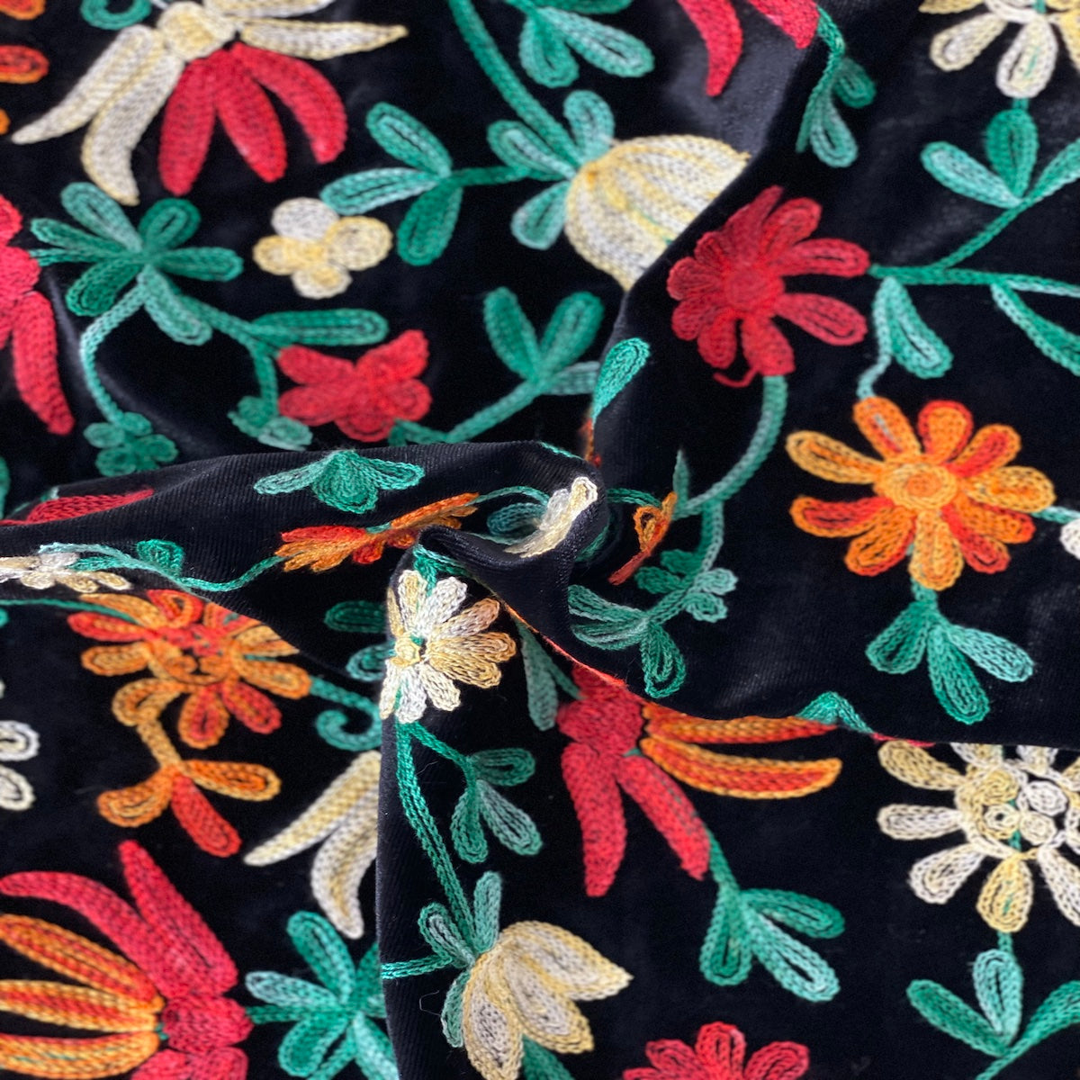 Teal Red Multicolor Briony Floral Embroidered Stretch Velvet Fabric - Fashion Fabrics LLC