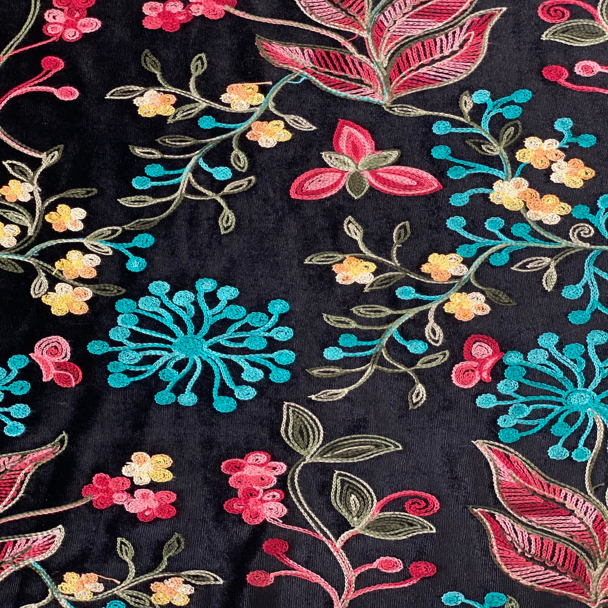 Rose Pink Blue Multicolor Briony Floral Embroidered Stretch Velvet Fabric - Fashion Fabrics LLC