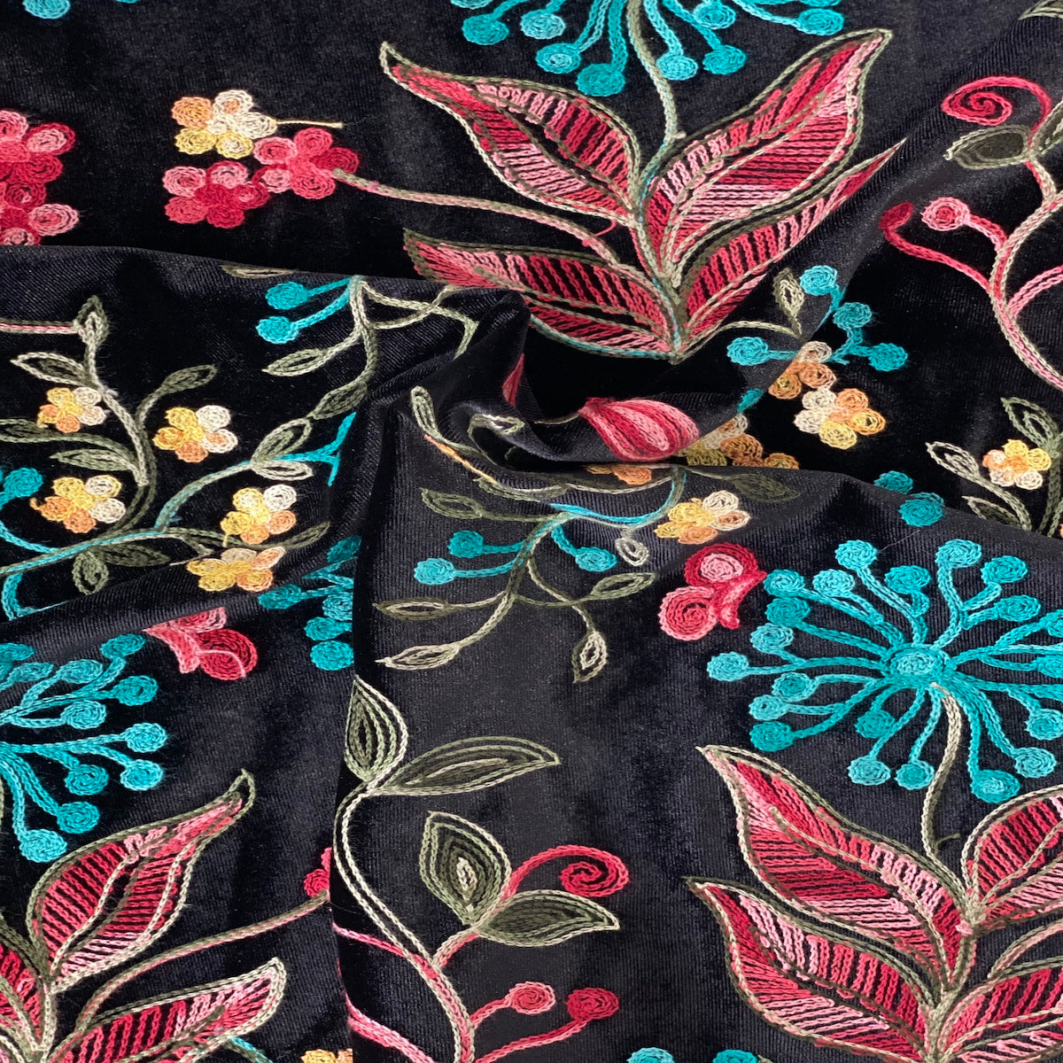 Rose Pink Blue Multicolor Briony Floral Embroidered Stretch Velvet Fabric - Fashion Fabrics LLC