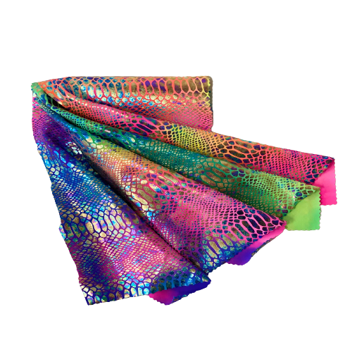Rainbow Holographic Tie Dye Taipan Snakeskin Nylon Spandex Fabric - Fashion Fabrics LLC