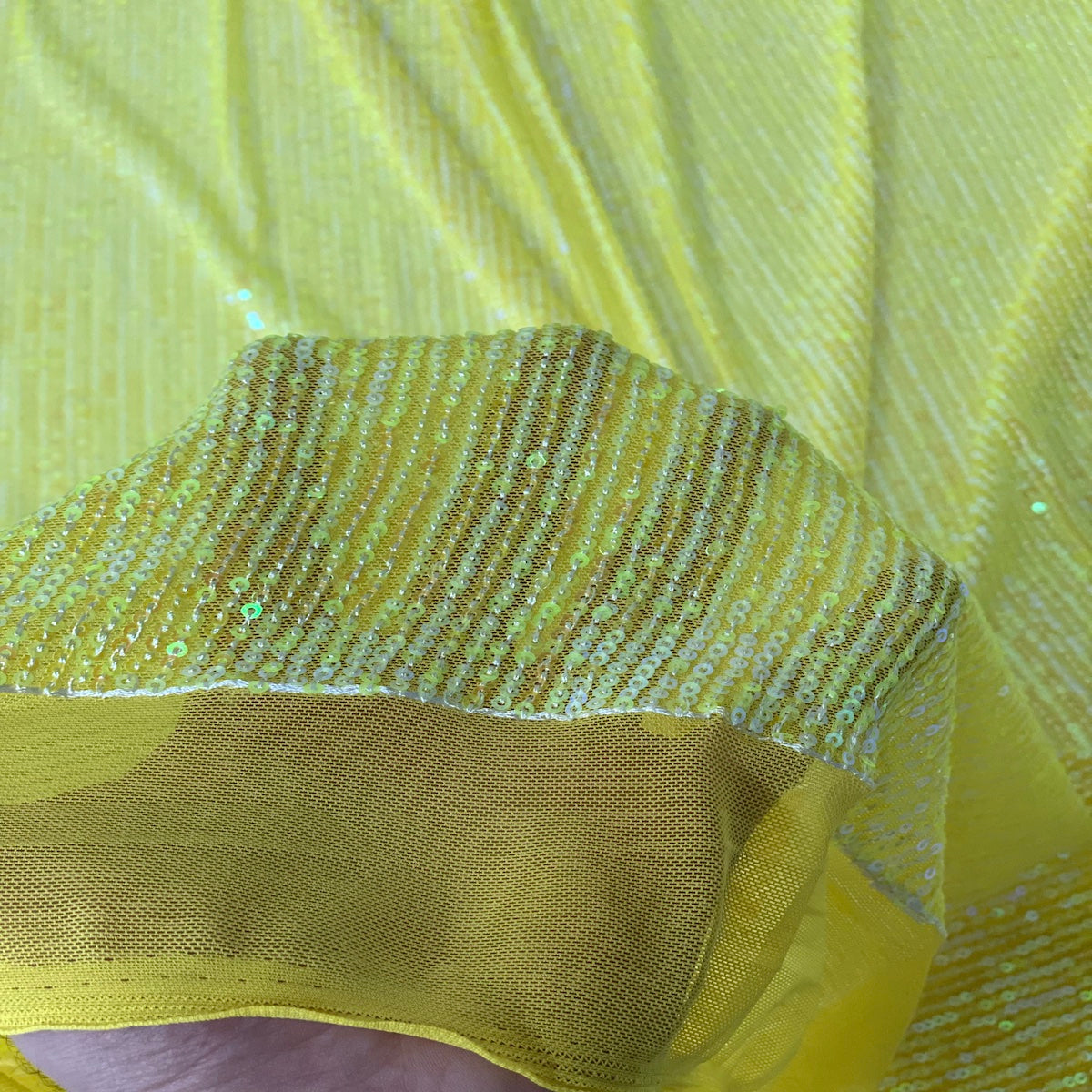 Yellow Iridescent Mille Striped Stretch Sequins Lace Fabric - Fashion Fabrics LLC