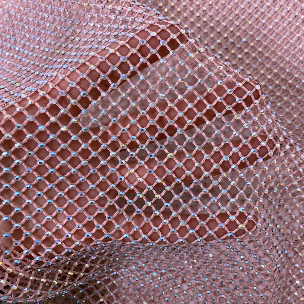 Mauve Pink Serene Iridescent Rhinestone Fishnet Lace Fabric - Fashion Fabrics LLC