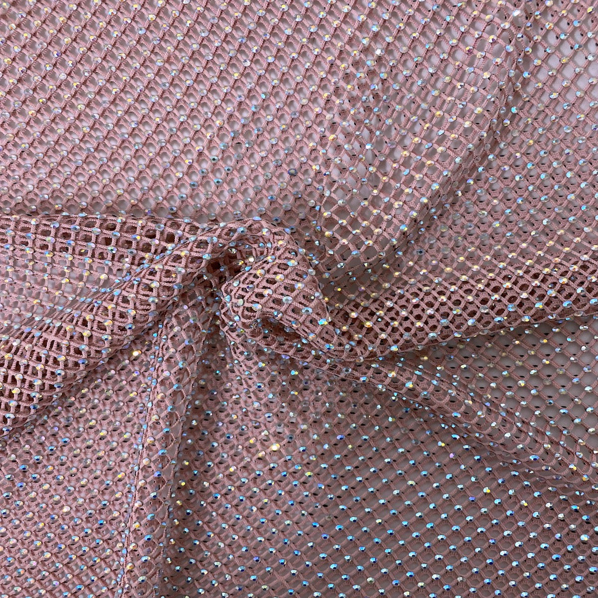 Mauve Pink Serene Iridescent Rhinestone Fishnet Lace Fabric - Fashion Fabrics LLC