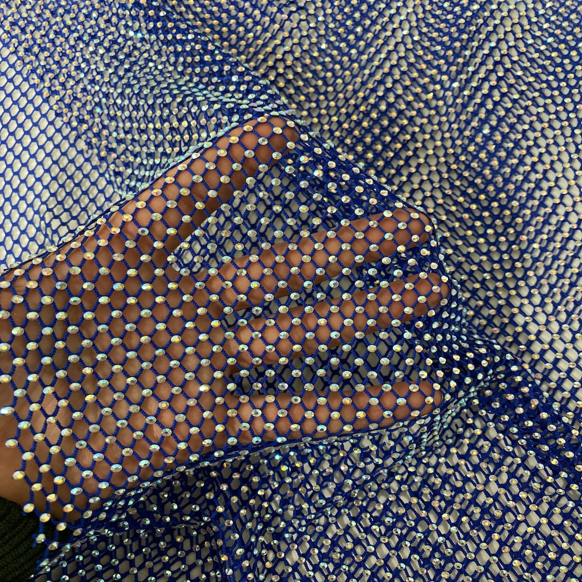 Royal Blue Serene Iridescent Rhinestone Fishnet Lace Fabric - Fashion Fabrics LLC