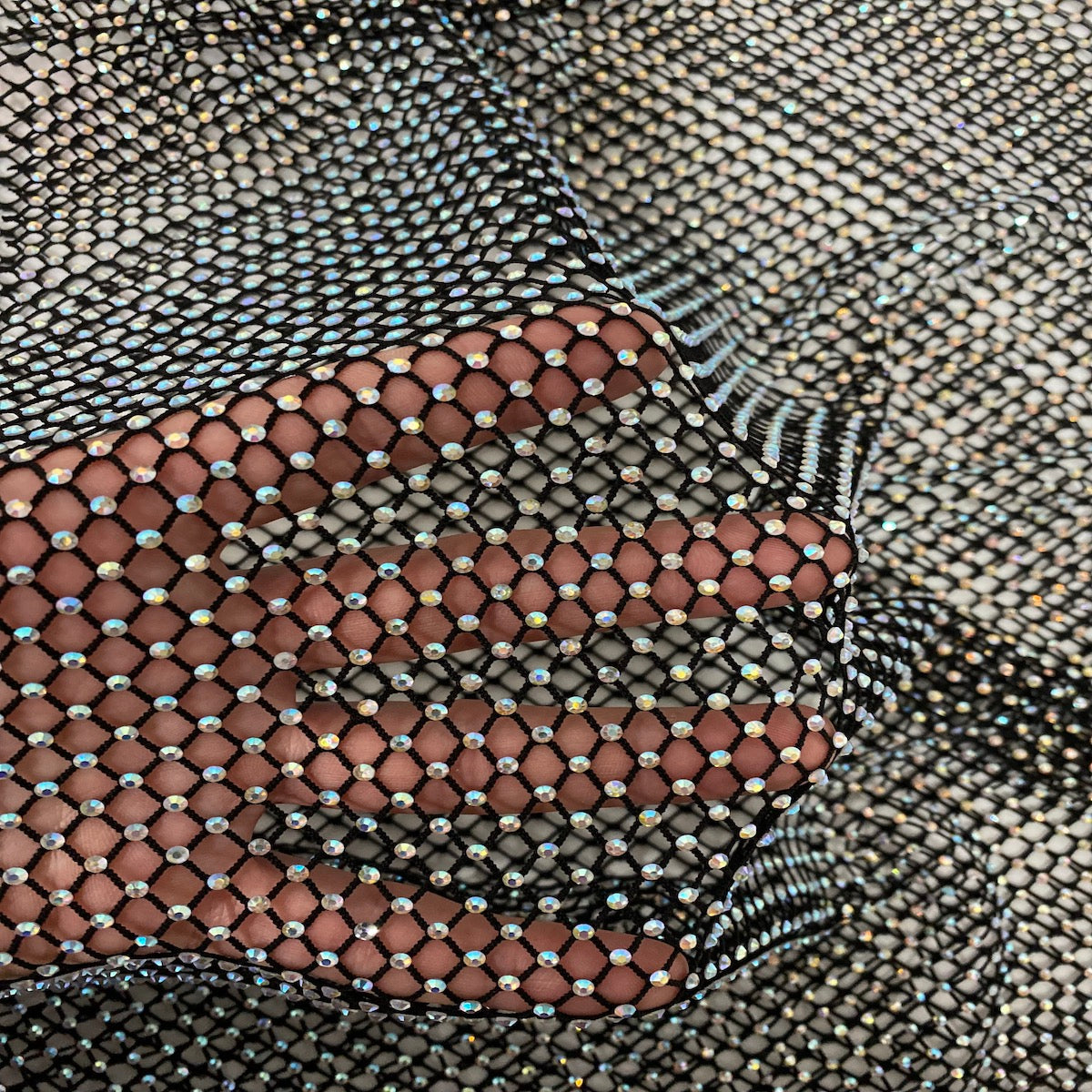 Black Serene Iridescent Rhinestone Fishnet Lace Fabric - Fashion Fabrics LLC