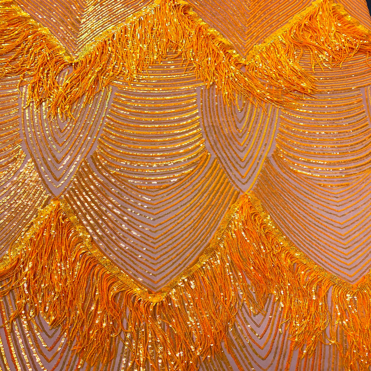 Orange Iridescent Flamingo Fringe Sequins Embroidered Fabric - Fashion Fabrics LLC