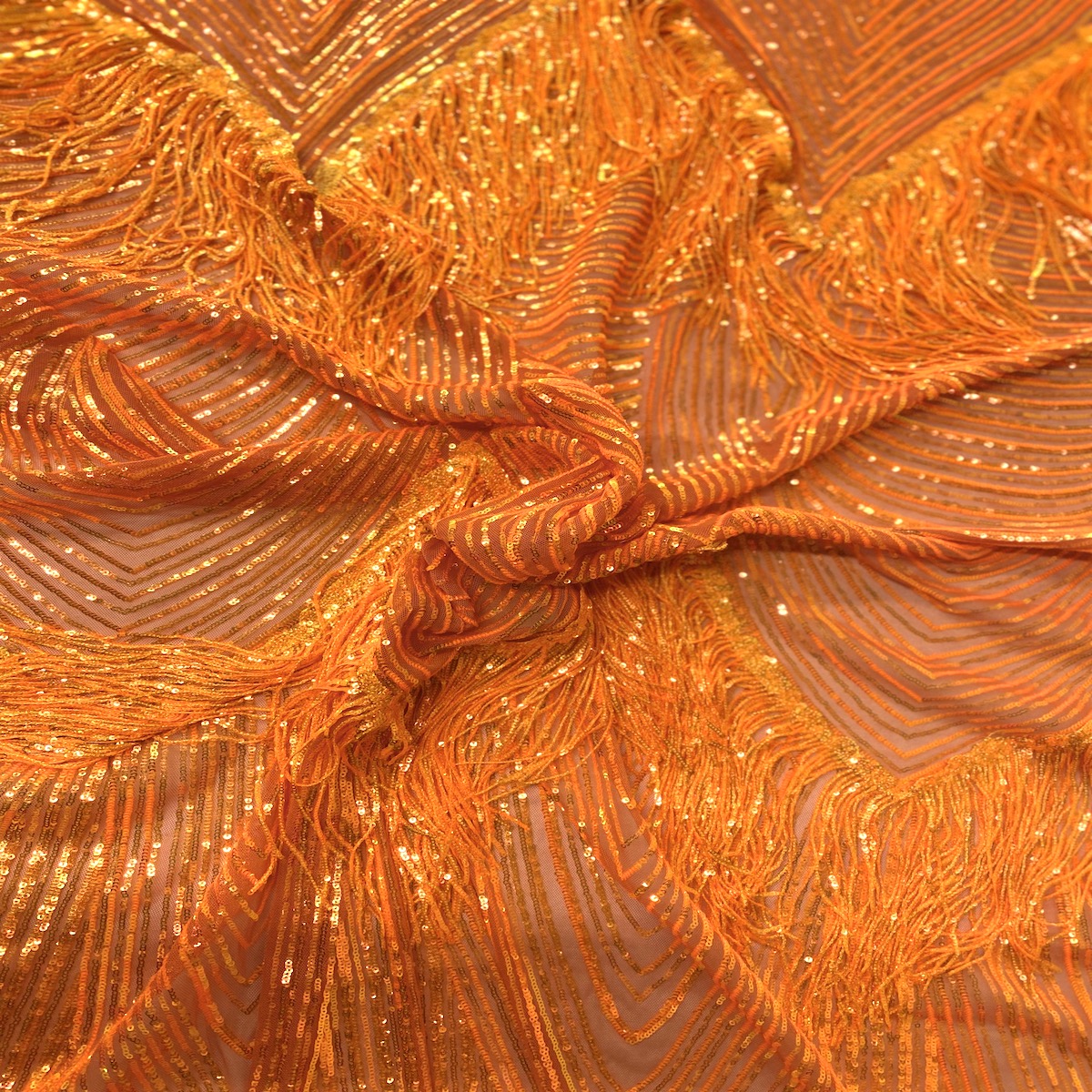 Orange Iridescent Flamingo Fringe Sequins Embroidered Fabric - Fashion Fabrics LLC