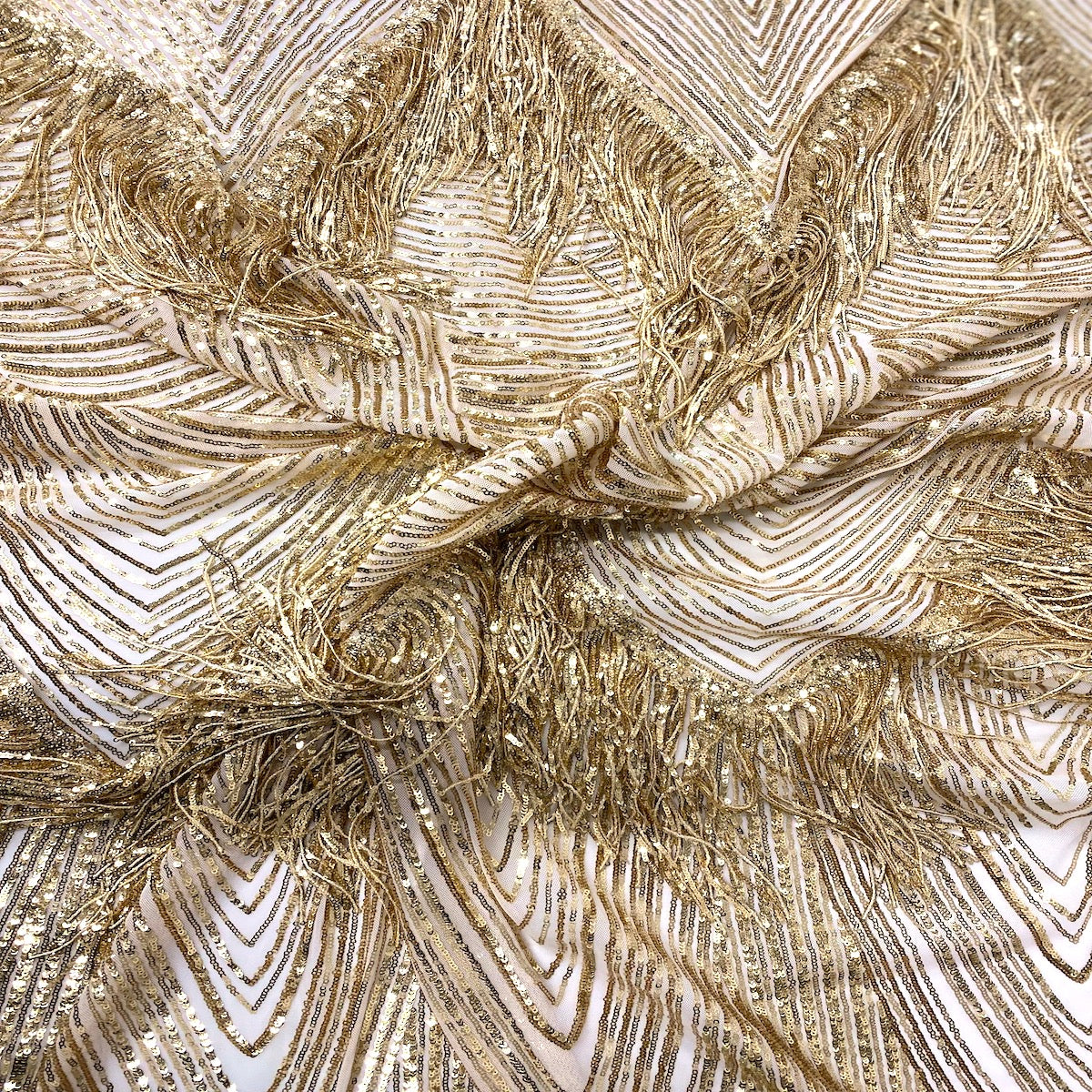 Gold Flamingo Fringe Sequins Embroidered Fabric - Fashion Fabrics LLC