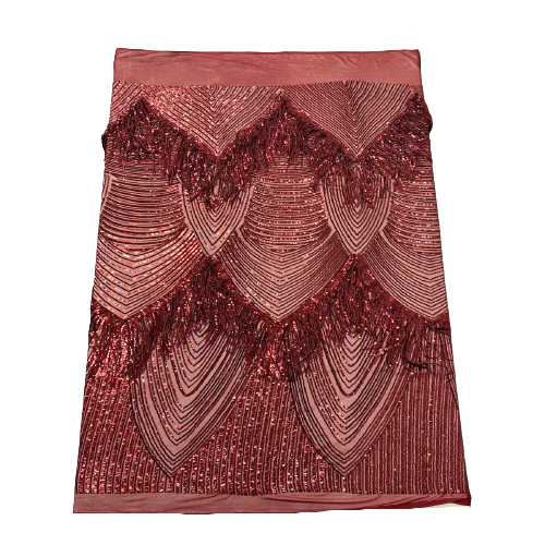 Burgundy Flamingo Fringe Sequins Embroidered Fabric - Fashion Fabrics LLC