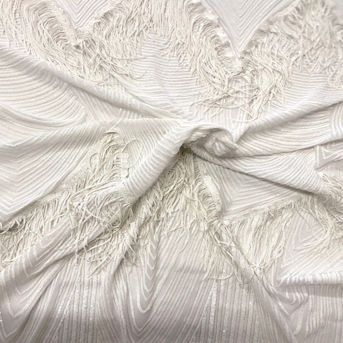 White Flamingo Fringe Sequins Embroidered Fabric - Fashion Fabrics LLC