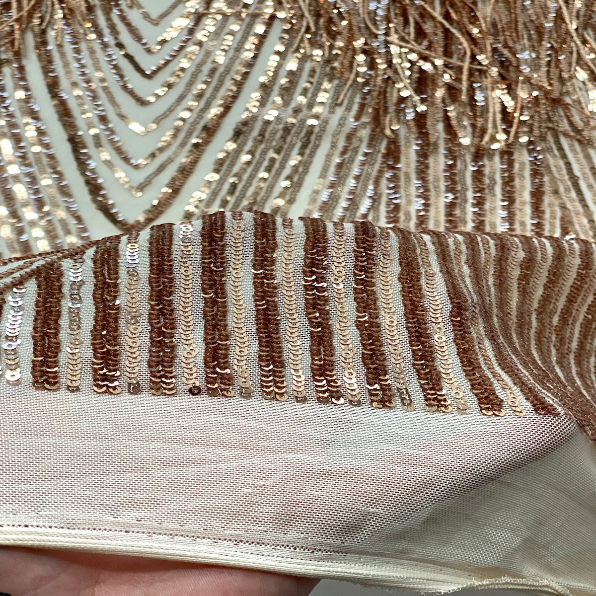 Champagne Gold Flamingo Fringe Sequins Embroidered Fabric - Fashion Fabrics LLC